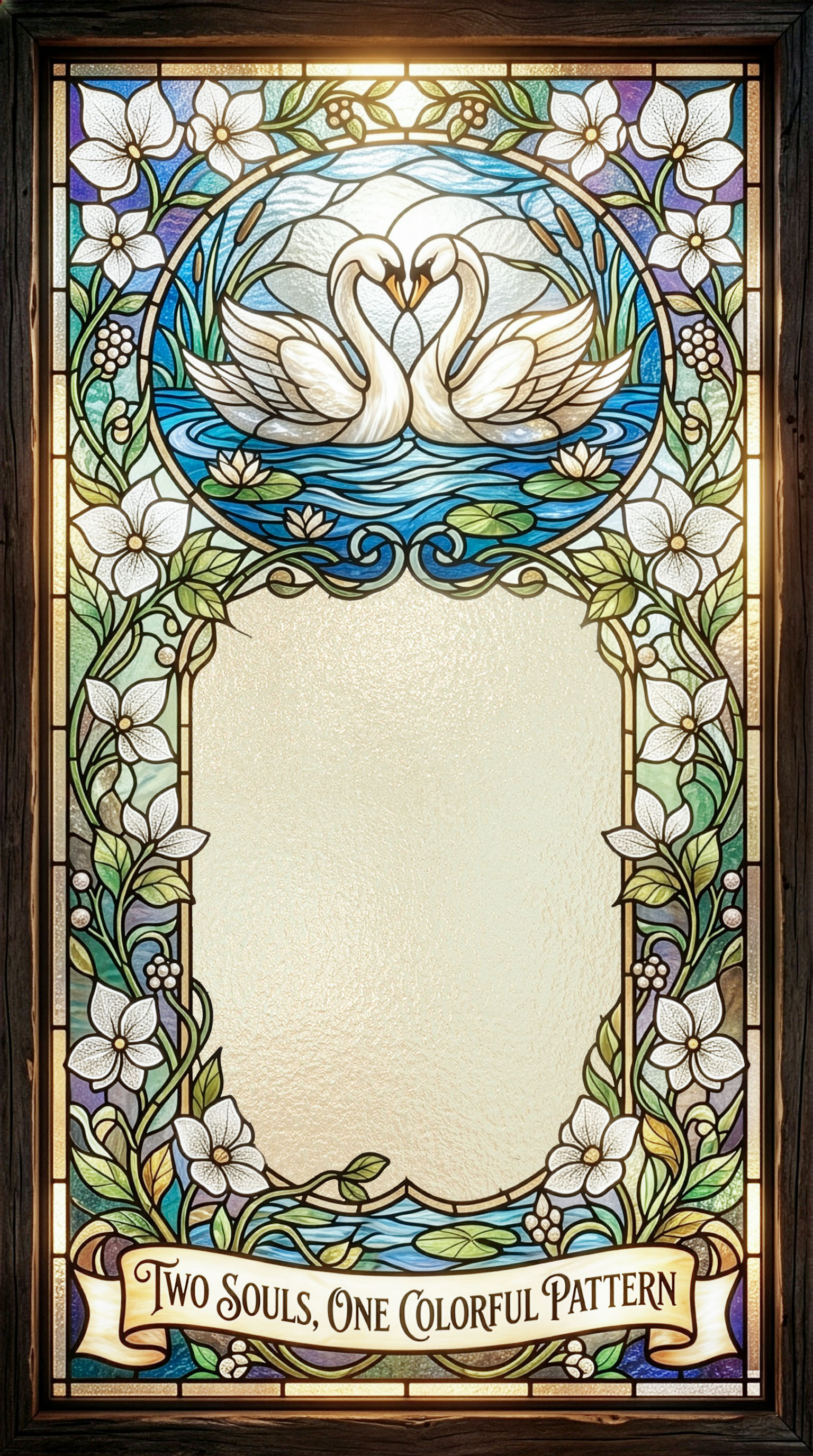 A wedding invitation with two swans facing each other at the top, room for text in the center, and a banner at the bottom that reads 'Two souls, one colorful pattern'.